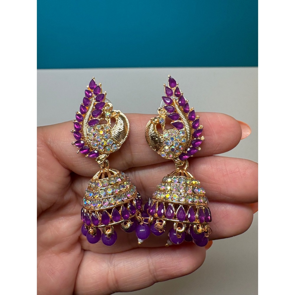 Purple Peacock Jhumka Earrings Gold Tone Rhinestone Indian Drop Earrings